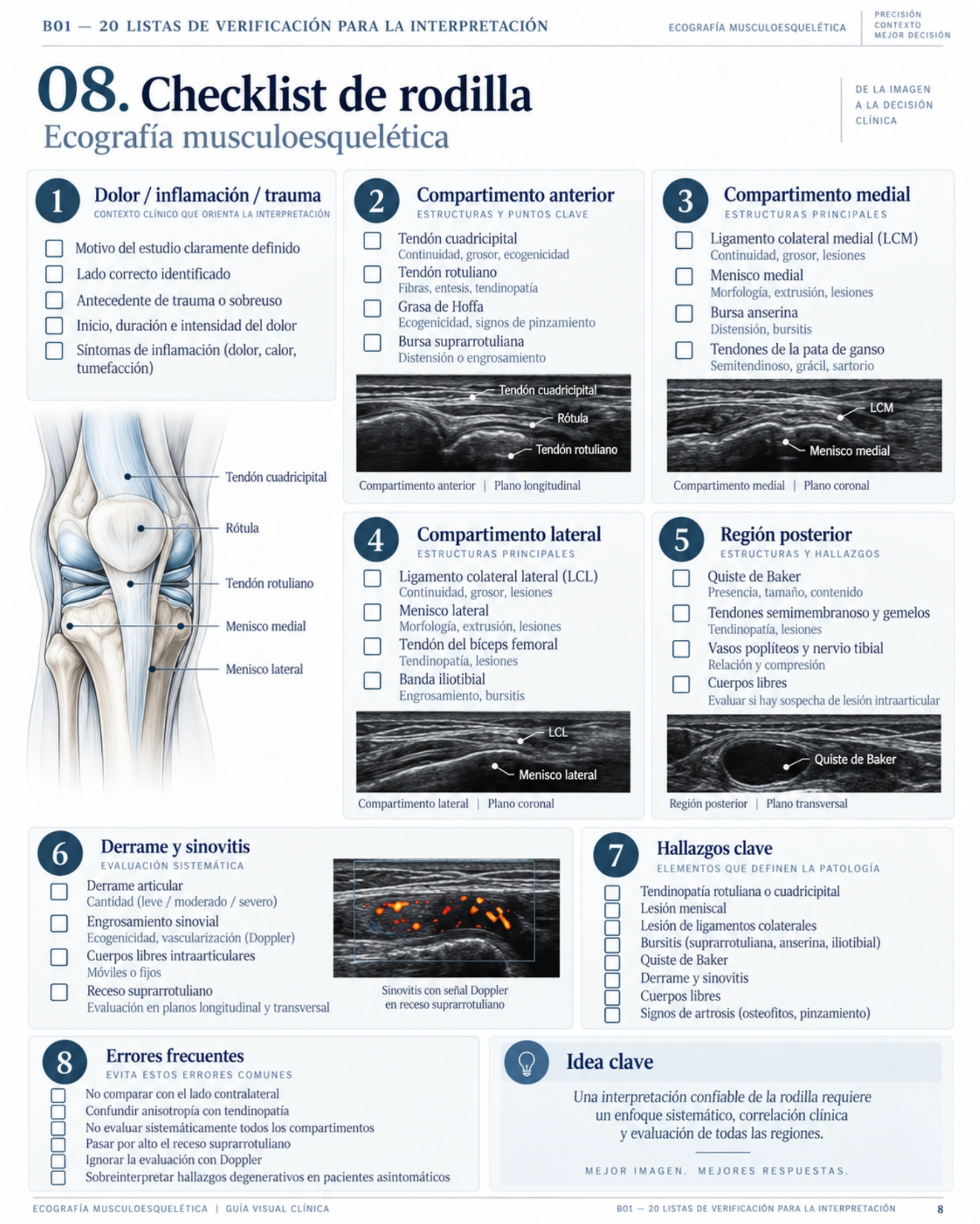 Página 8: Lista de verificación de rodilla. Muestra del material educativo de ecografía musculoesquelética.